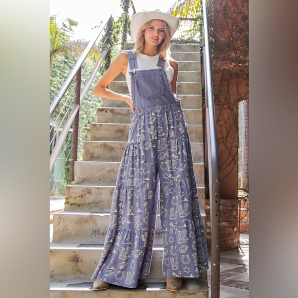 Western Graphic Print Tiered Wide Leg Overalls Jumpsuit - eesome - Picture 1 of 14